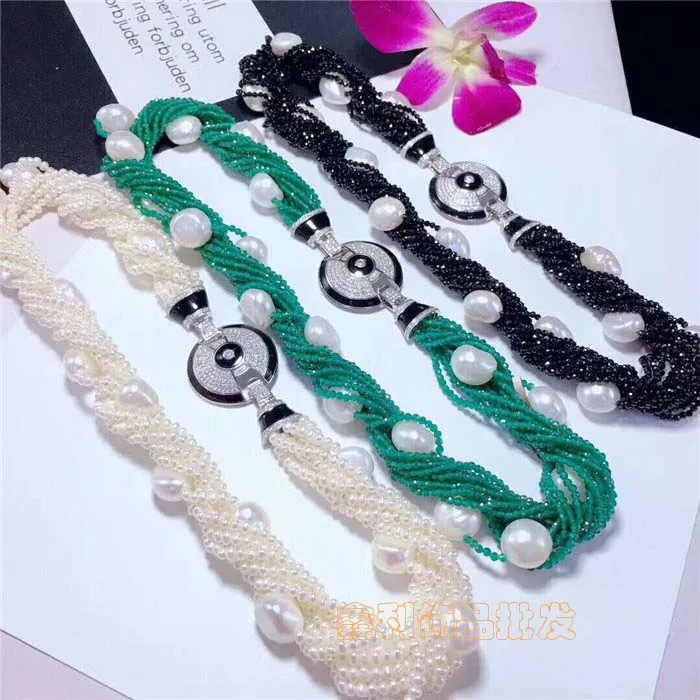 

hot sell natural Genuine 10row white Freshwater pearl green black jade Disc Fringe Pendant necklace fine jewelry