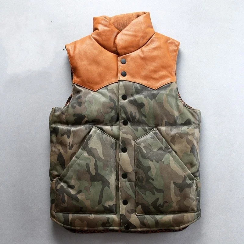 

Warm winter camouflage of genuine leather down men's vests fashion shreds collar fine fitting male leather vest sheepskin vests