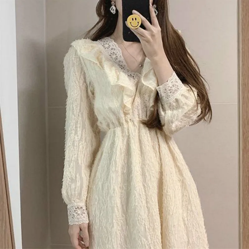 

Elegant Vintage Dress Women V-Neck Lace High Waist One Piece Dress Korean 2021 Spring Party Office Long Sleeve Dress Female Chic