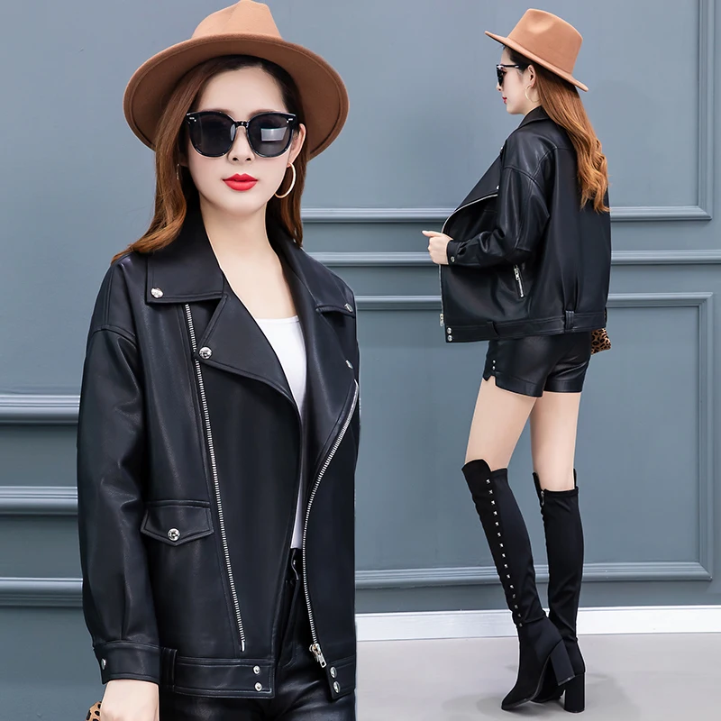 ladies Spring zipper pu leather jacket short small coat fashion mother autumn suit young and middle-aged women tops locomotive enlarge