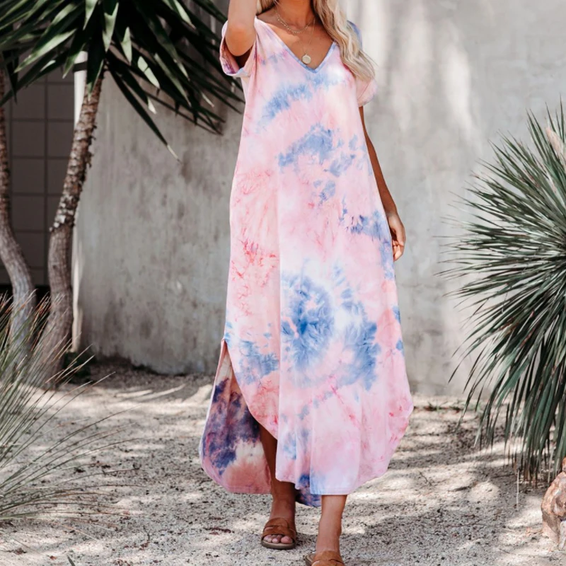 

Summer Women's Dress 2021 Tie Dye Printed V Neck Short Sleeve Long Dress Loose Casual T-Shirt Fashion Split Irregular Plus Sized