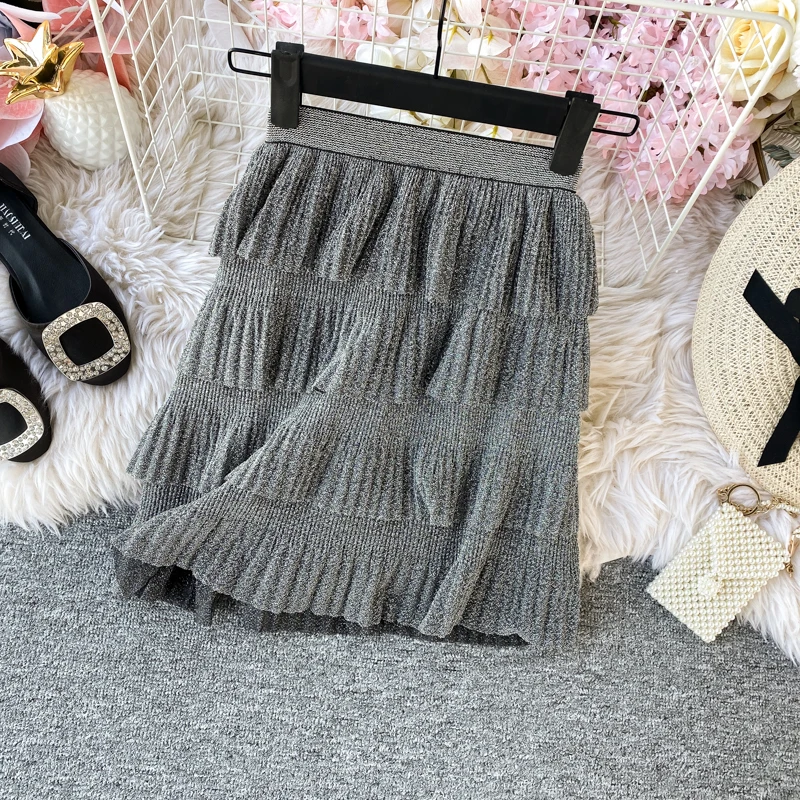 Летняя шикарная Ретро короткая юбка металлик Cakee многослойная плиссированная