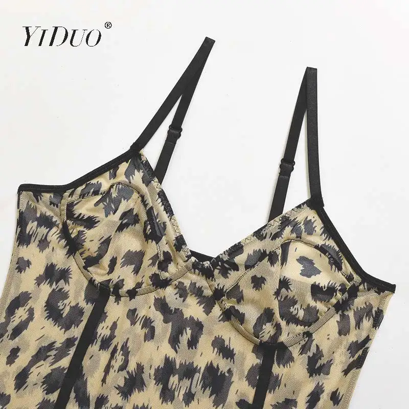 

YiDuo Fashion Green Leopard Print Sexy Mesh Bodysuits Party Night Club Women Bodysuit Body Top Mujer Transparent Summer Overalls