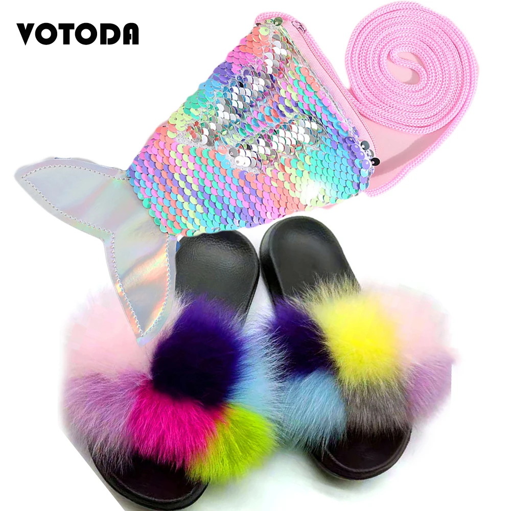 Шлепанцы детские из натурального Лисьего меха комплект с сумочкой и