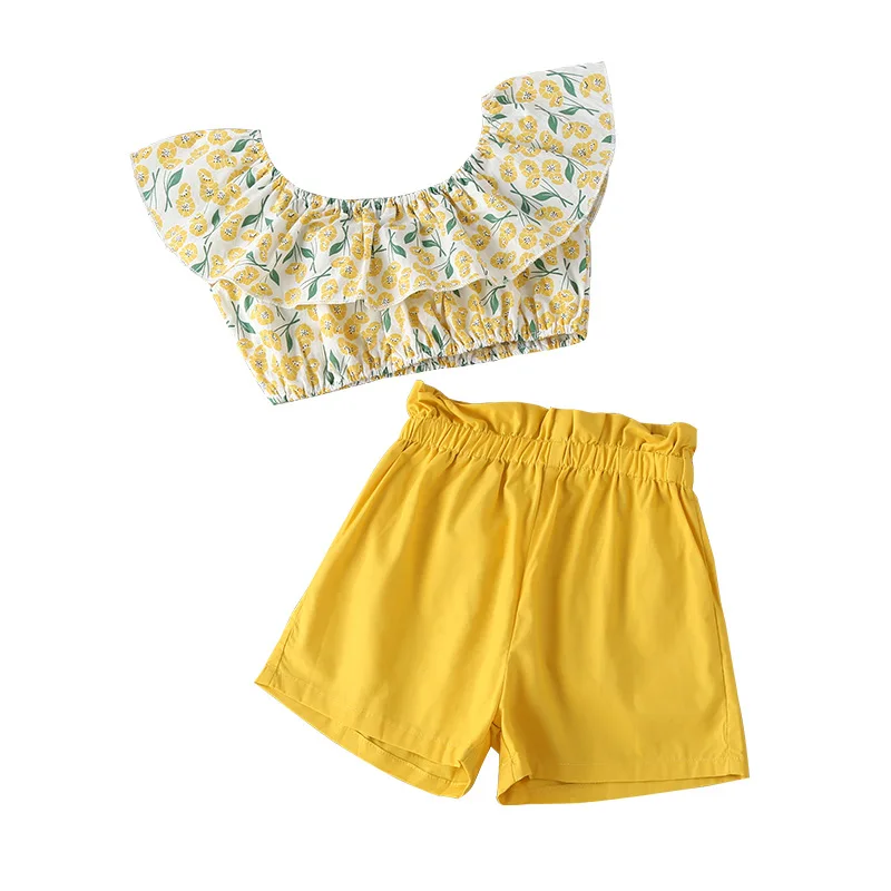 

2021 Summer Children Sets Casual Sleeveless O Neck Print Floral Tops Yellow Solid Shorts 2Pcs Girls Clothes Sets 18M-6T