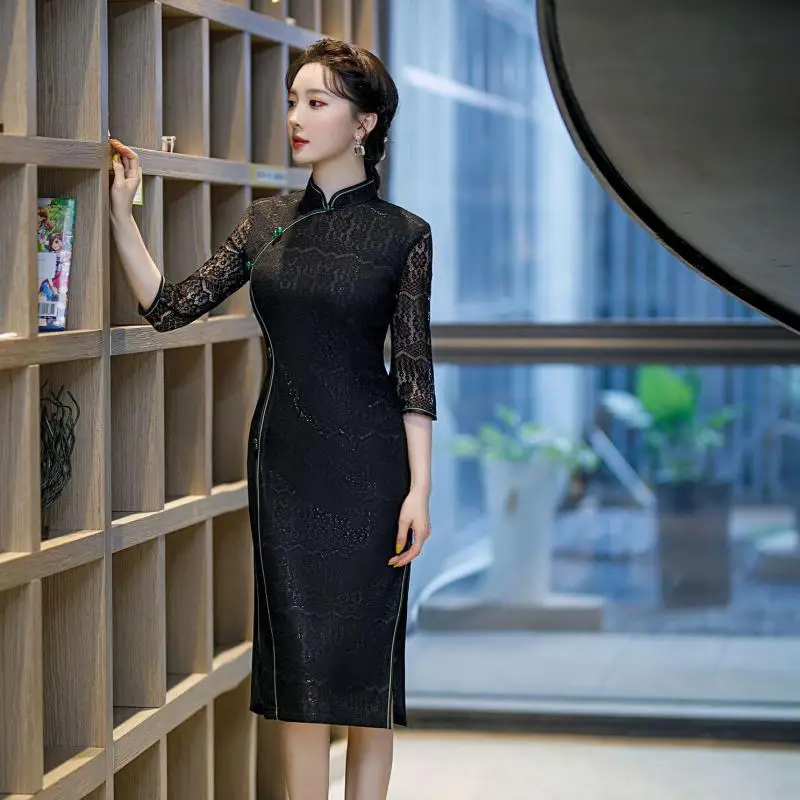 

Lace Sexy Chinese Traditional Dress Gown Female Mandarin Collar Cheongsam Black Sheath Qipao Mid-Length Vintage Button Vestidos