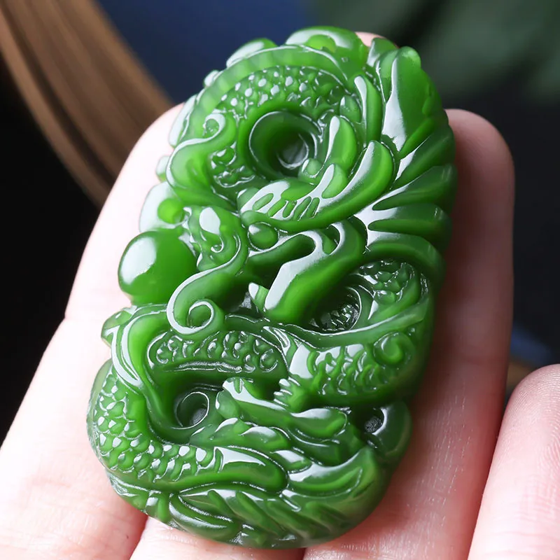 

Ожерелье с подвеской из зеленого нефрита и дракона, ювелирные изделия из натурального китайского резного нефрита, амулет с подвеской, модны...