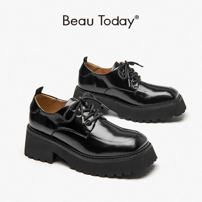 

BeauToday Platform Derby Women Genuine Cow Leather Square Toe Lace Up Design Chunky Sole Ladies Casual Shoes Handmade 21882