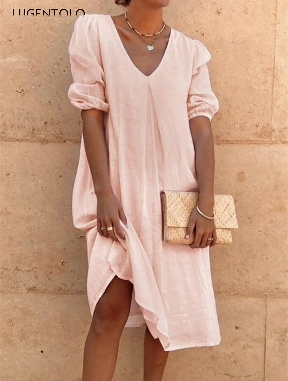 

Summer Dress Women V-neck Long Sleeve Loose Dresses Solid Female Casual Thin Big Swing Fashion Street Dress Lugentolo