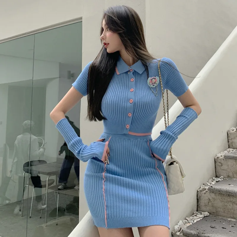 

T Shirt Slim Short Polo Neck Sweater Spring Summer Tops Tshirt 2021 New Tight Short Sleeve Top Mini Skirt Two Piece Set V3BE