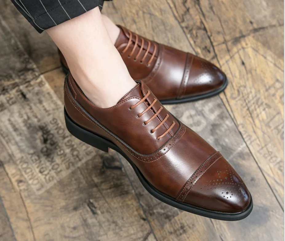 

Новинка 2021, мужские Модные повседневные деловые классические коричневые туфли-оксфорды ручной работы с тремя строчками на шнуровке