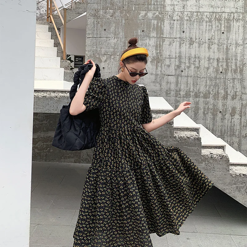 DEAT 2020 round neck puff sleeves flower printed high waist big bottoms franch styles pullover dress female vestido WL76209L | Женская