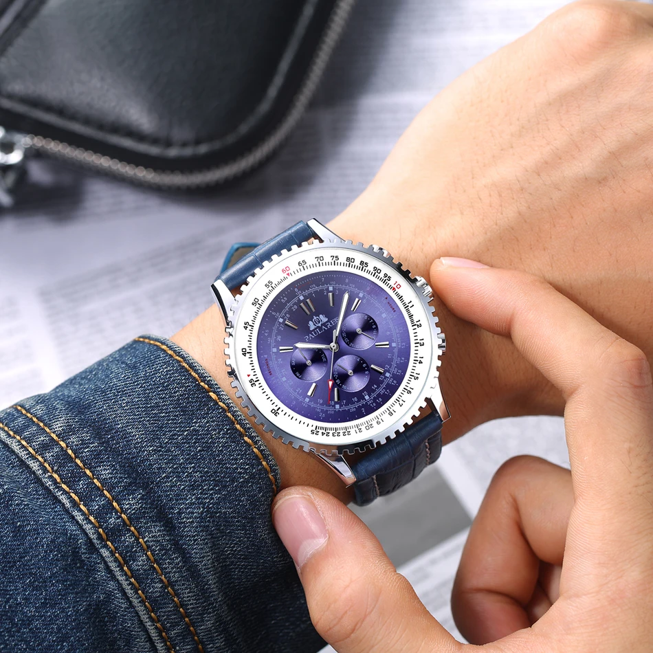 

Men Automatic Self Wind Mechanical Stainless Steel Black Brown Blue Leather Strap Sports Big 50mm Watch