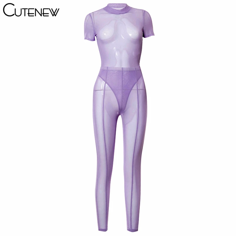 

Cutenew Sexy See Through Mesh Skinny Two Piece Suit Women Short Sleeve Bodysuit And Pants 2021 Casual Slim Solid Lady Street Set