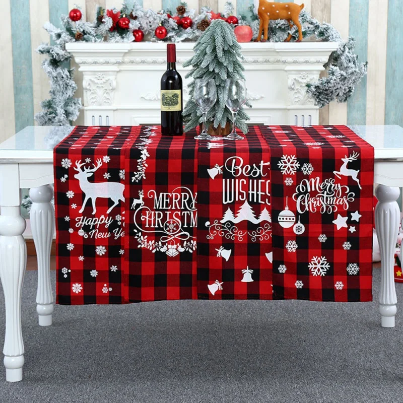 

180*31cm Table Cloth Runner Christmas New Year Party Decorations Tablecloth Xmas Red Black Plaid Elk Printed Dinner Table Cover