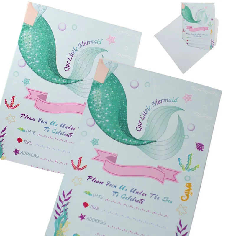

8 шт., пригласительные открытки маленькой Русалочки, конверты с приглашением для малыша, украшения для дня рождения, вечевечерние, ww10