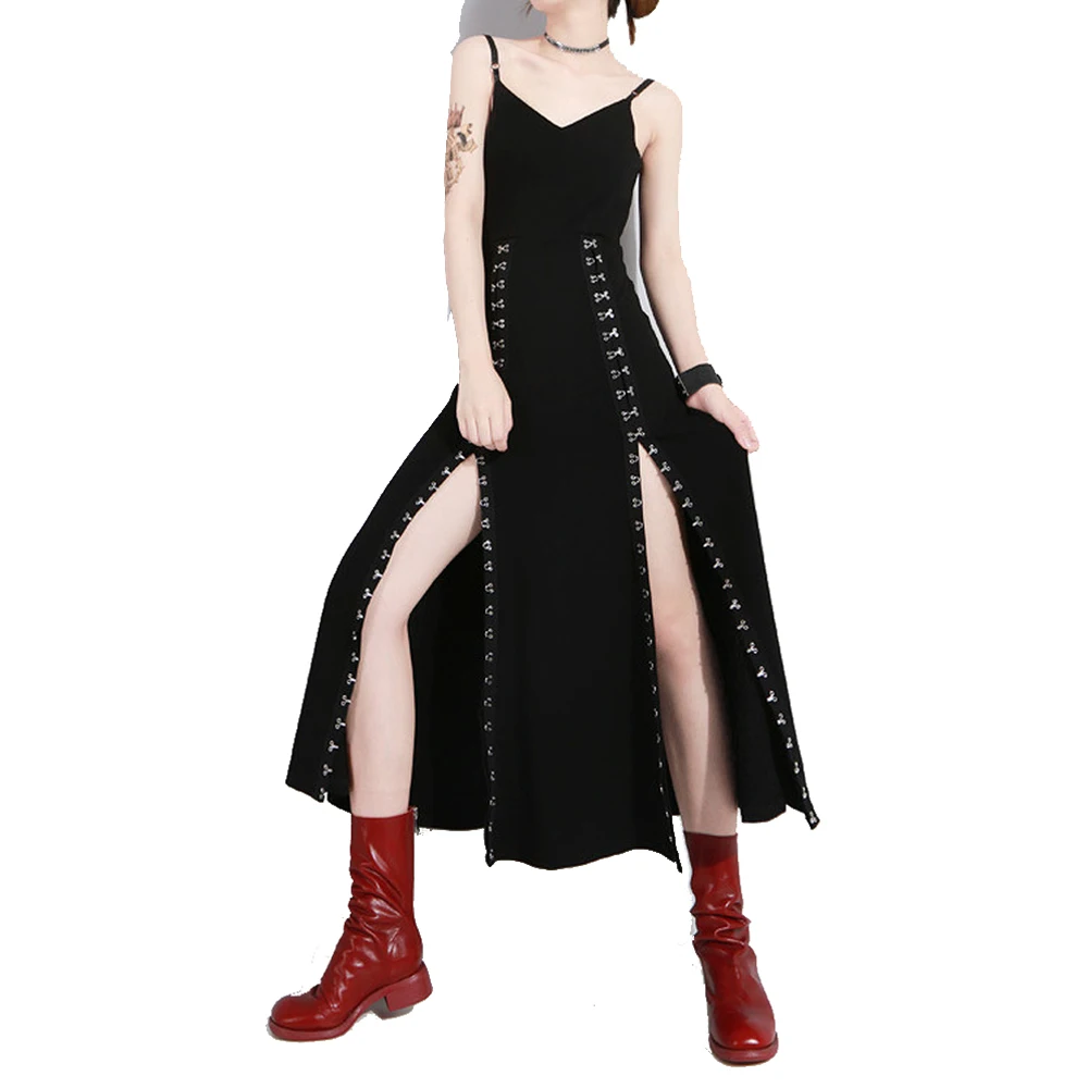 

Punk Gothic Women Black Sexy Deep V-neck Dress Party Club Wear Dark Halter Metal Buckle High Waist Split Dresses Elegant New