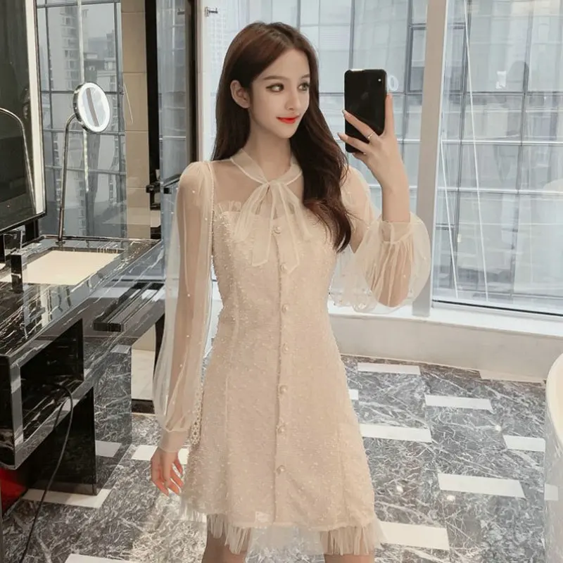 Женское Сетчатое платье с рукавами-фонариками винтажное эластичное облегающее