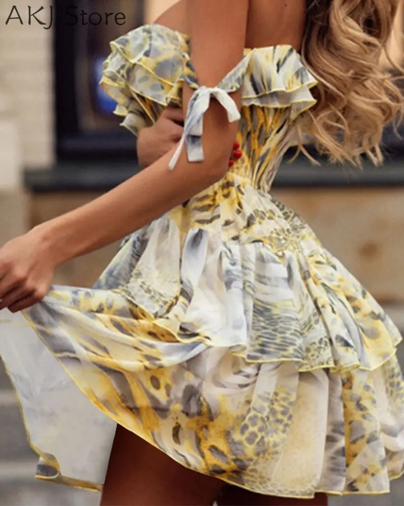 

Women Summer Floral Print Leopard Short Sleeve Ruffles Dress Mini Dress