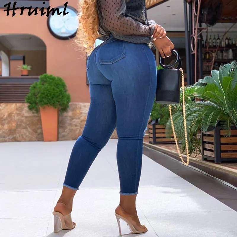

Woman Pants High Waisted Hole Denim Ankle-length Pants Large Size Jeans Fashion Trousers Streetwear Women Slim Pencil Pants