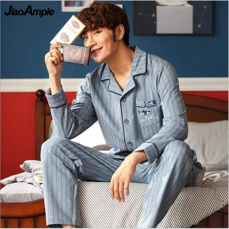 Pajamas Men's Cotton Striped Long-sleeved Trousers Two-piece Pijamas Spring Autumn Loose Homewear Casual Nightie Sleepwear Set