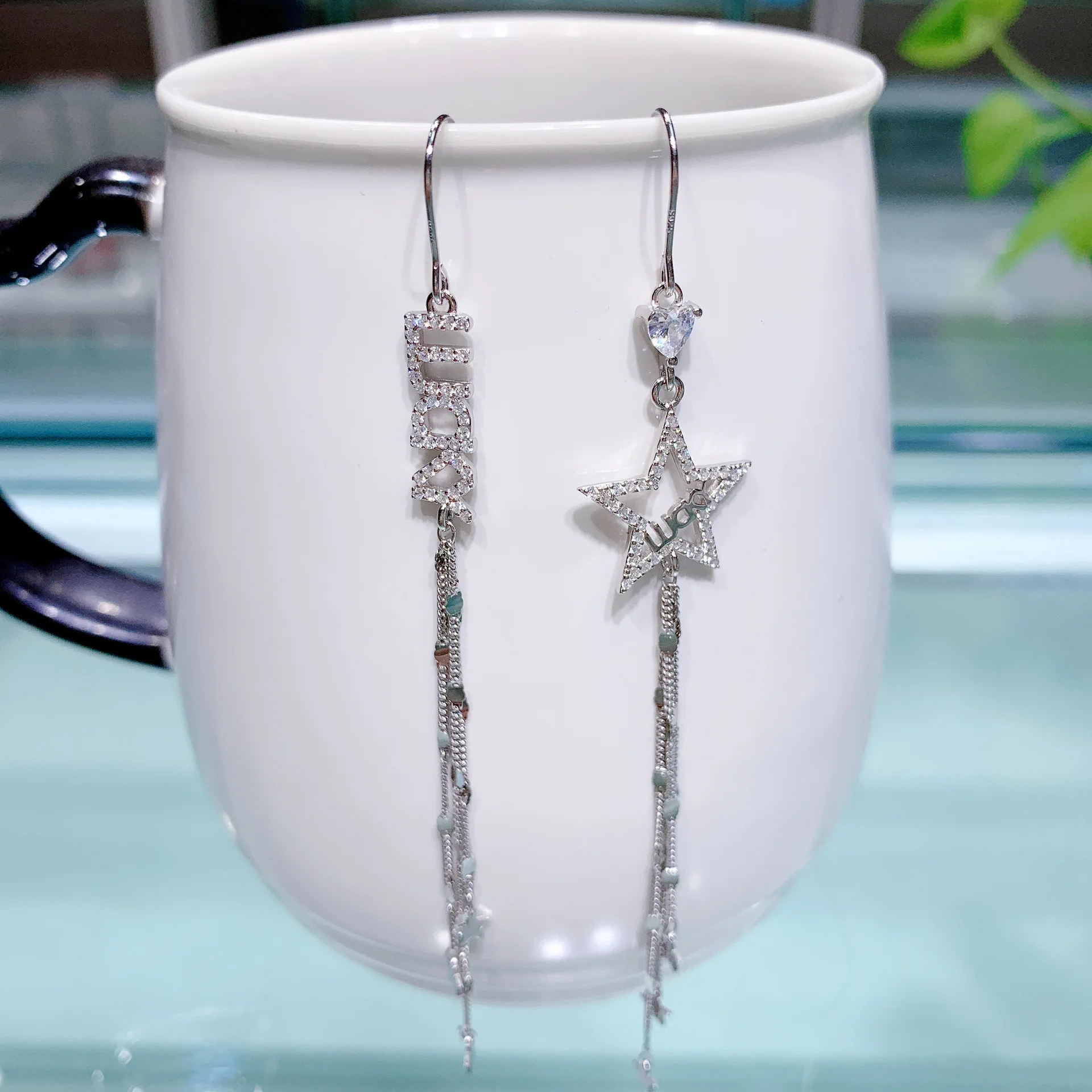 

Viwisfy Asymmetric Long Tassel Solid 925 Sterling Silver Crystal Lucky Letter Star Drop Earrings For Women VW21315