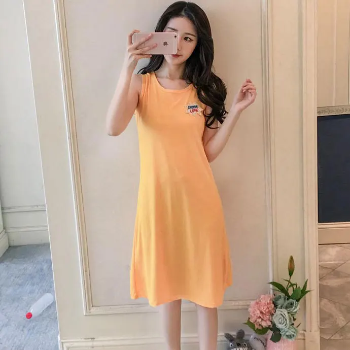 2021 Summer Vest Nightdress Women's Thin Nightwear Milk Silk Dress Round Neck Lovely Women's Nightgown Home Clothes Sleep Wear