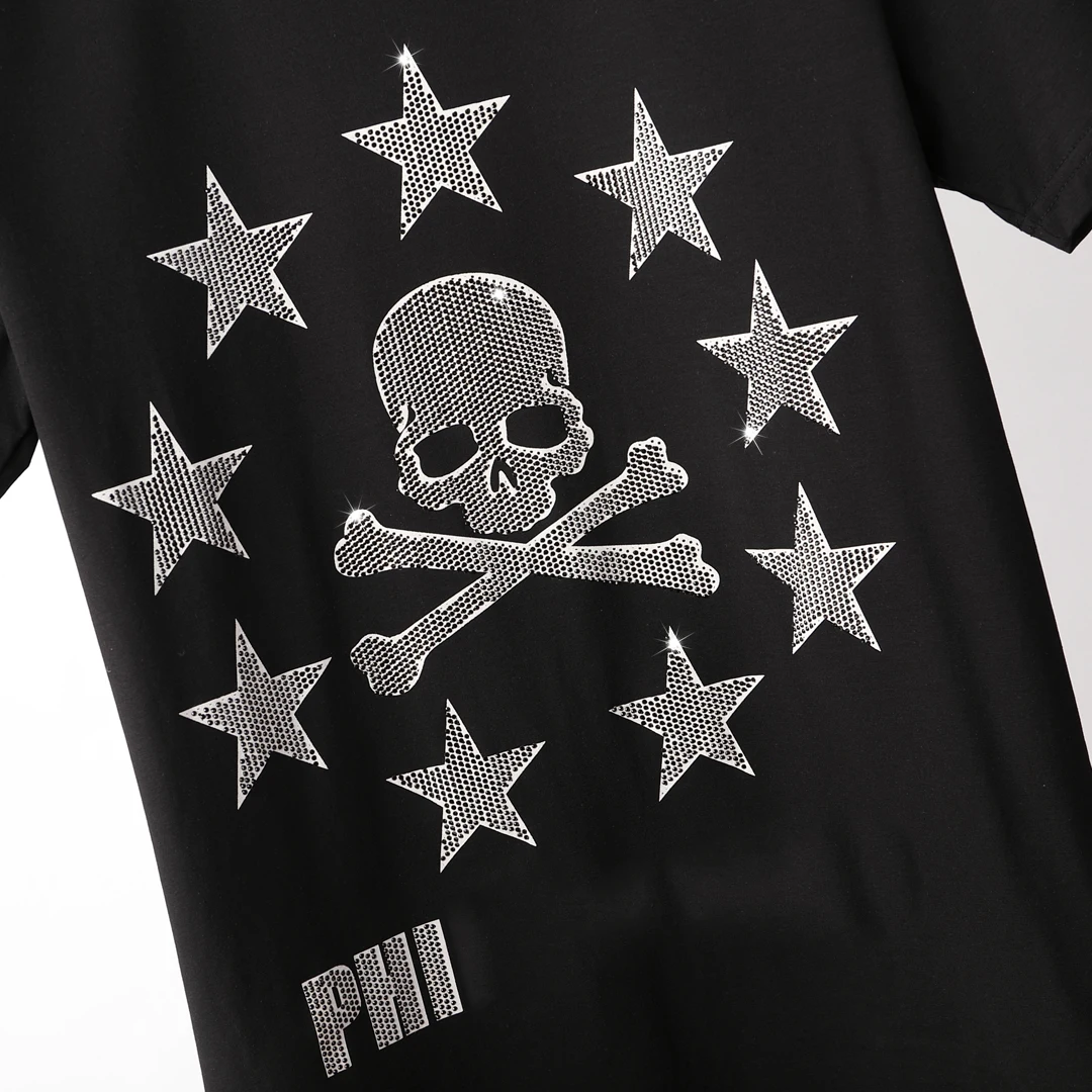 

2021 Men T-shirt Skull Short Sleeve 3D Printing Pure Cotton Round Neck Plein T-shirt Men's Fashion Street Sports Short Sleeve