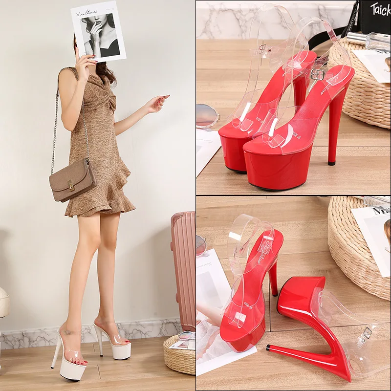 

New Summer Sandals Women Shoes Platform Model T Stage Shows Sexy High-Heels 17CM Transparent Waterproof Stilettos Big Size 34-43