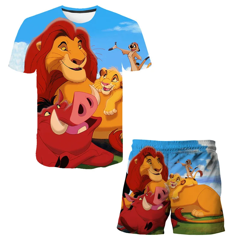 

2021 Summer Cute and Funny Children's Clothing Suit T-shirt 3D Cartoon Anime The Lion King Boy Girl T shirt+Shorts Suit 4-14T