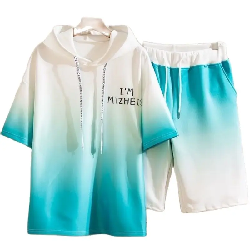 

Summer Men's New Casual Sportswear Short Sleeves And Shorts Running Fitness +Gradient Printing Four Color Large Size Youth Trend