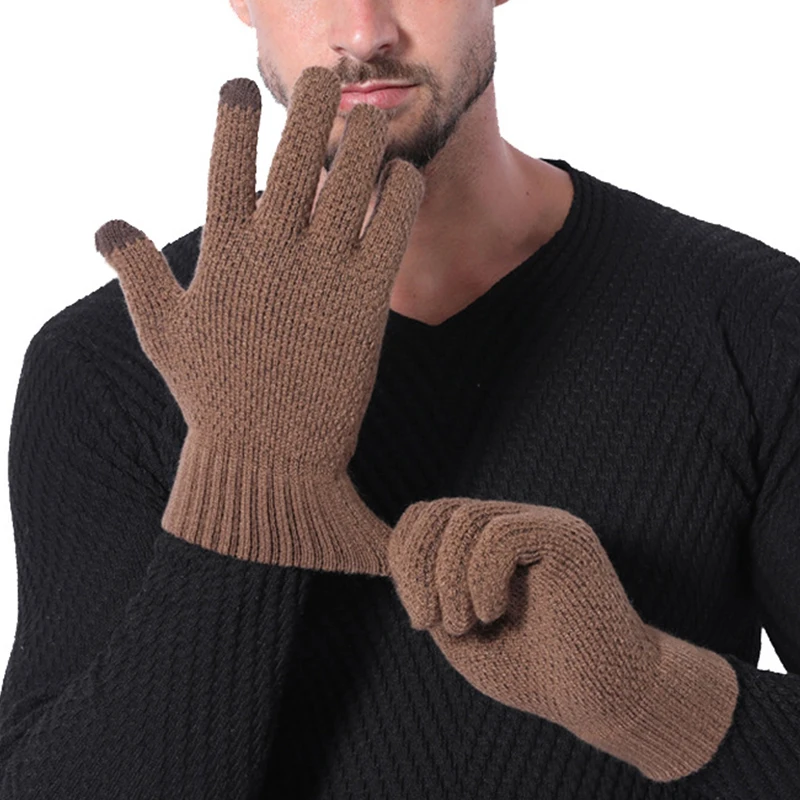 

Зимние вязаные перчатки, мужские бархатные плотные перчатки с разрезом, теплые эластичные перчатки для сенсорного экрана, однотонные зимни...