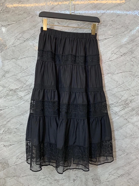 

2021 new women fashion sexy elastic waist lace stitching decoration all-match mid-length skirt 425