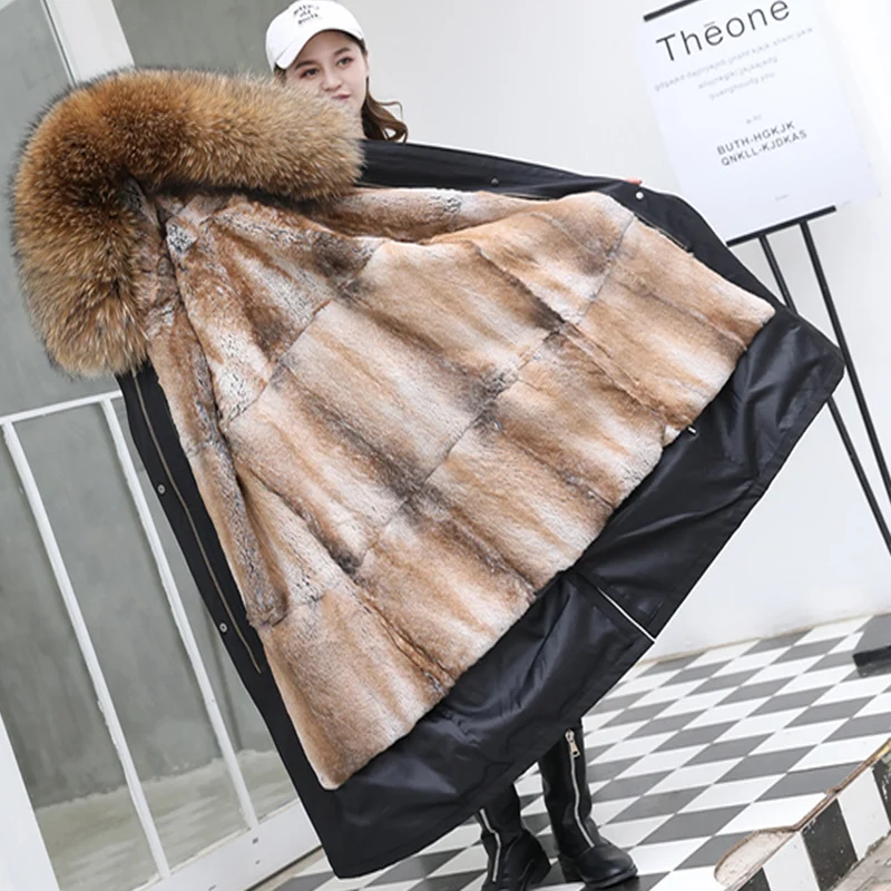 

Women 2022 Winter Real Fur Parka Jacket Big Natural Raccoon Fur Collar Hood With Real Rabbit Fur Liner Thick Coat Streetwear
