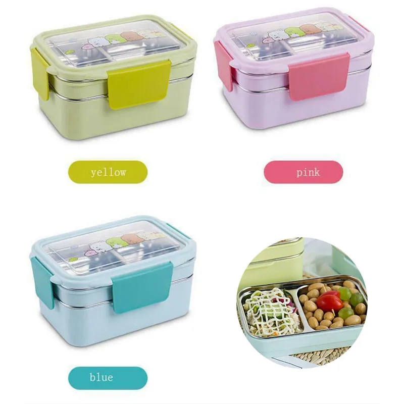 Мультяшный Ланч бокс для микроволновой печи двухслойная миска из нержавеющей стали с отделениями