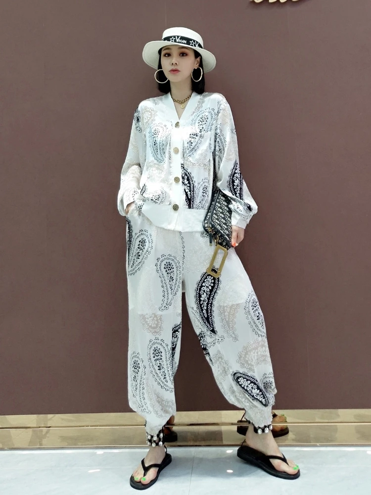 

Костюм-двойка Женский, кардиган с принтом, жакет + повседневные брюки, корейский стиль, простой костюм, лето-осень 2020