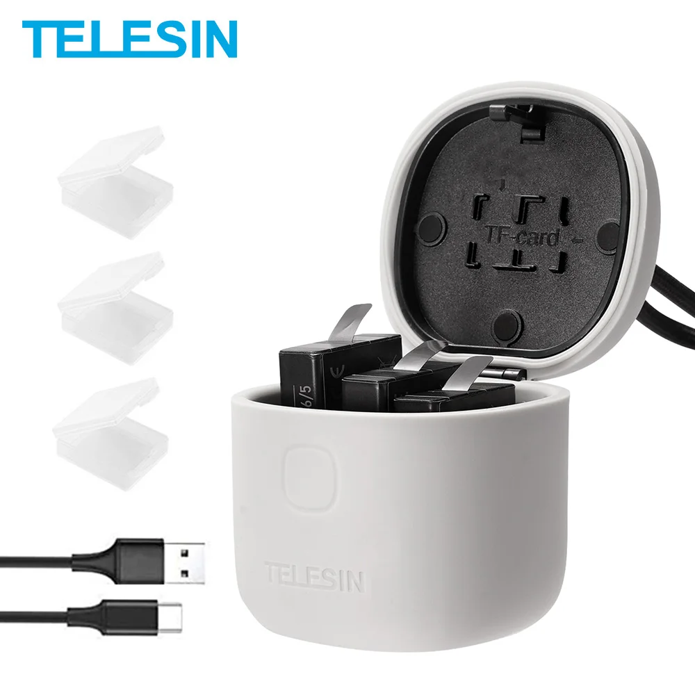 

Зарядное устройство TELESIN с 3 слотами для аккумуляторов и картридером для TF-карт