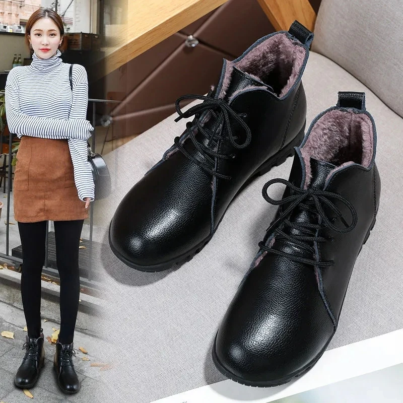 

Fashion leather boots women winter snow plush shoes ladies black velvet ankle boots female footwear