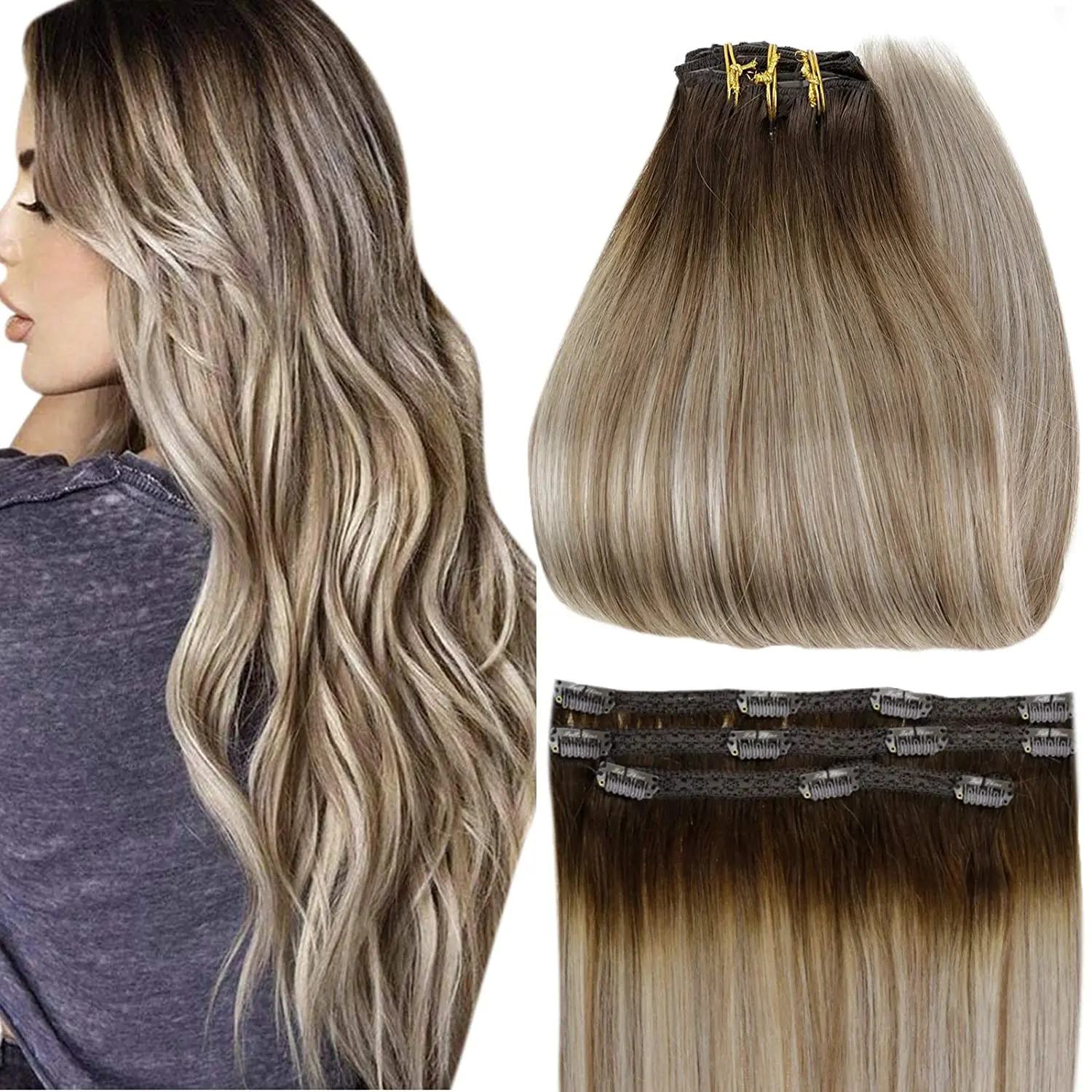 Full Shine 50 Grams Clip on Hair Extensions 3pcs Balayage Color 100% Remy Real Human Hair 3 Pieces Hairpins Skin Weft For Women