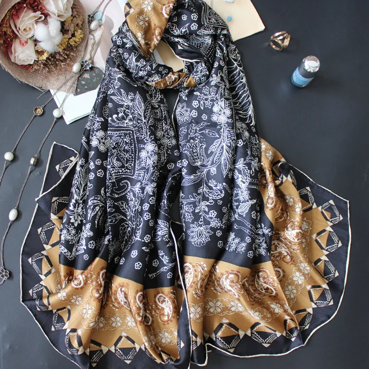 

Black Gold Cashew 100% Silk Hand Rolled Edges Shawls Wraps 180*88cm
