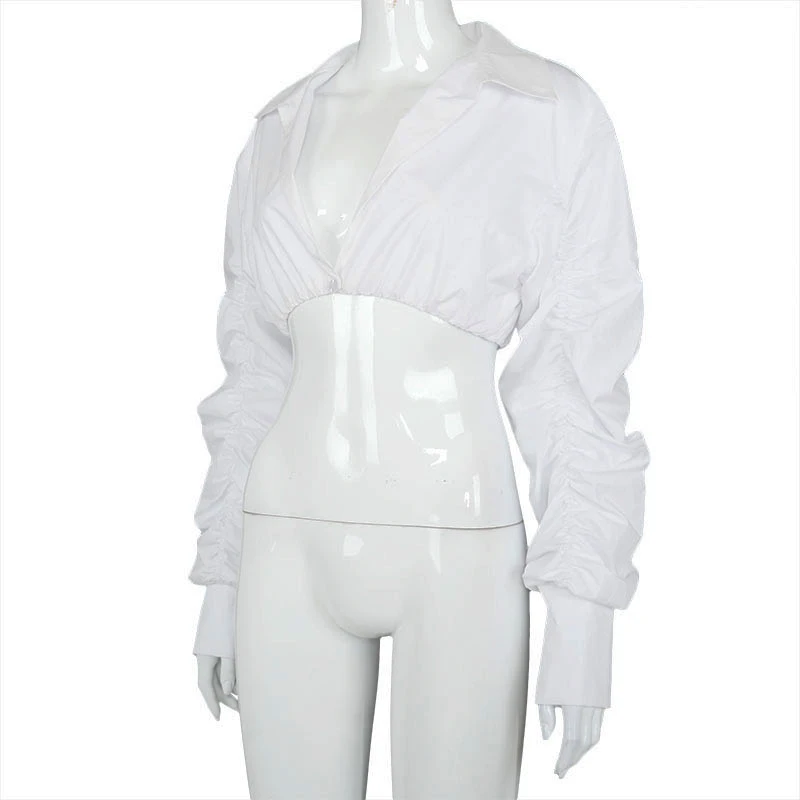 

V Neck Rucehd White Puff Sleeve Shirts Women Long Fashion Sping2020 Clothing Crop Blouses Solid Slim Hot