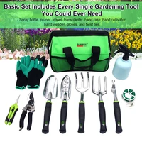 11 pcs heavy duty garden tool set gardening tool kit with trowel transplanter hand rake cultivator weeder pruning shears pruner