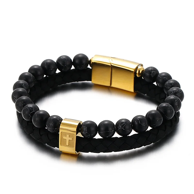 

Fashion Classic Braided Leather Wrap Bracelet Cross Pattern Natural Stone Beaded Bracelet for Men Jewelry Free Shipping