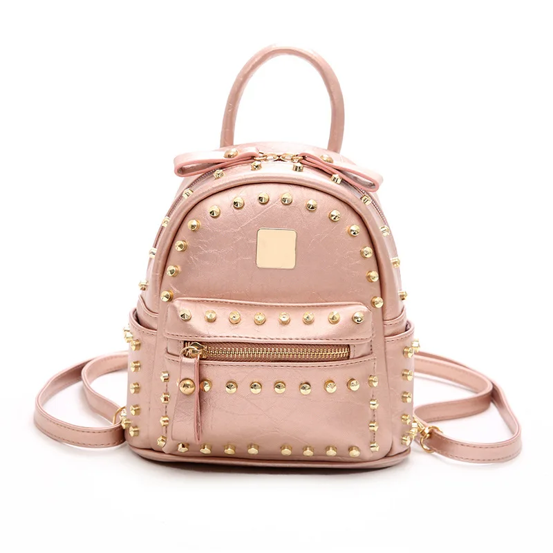 Pearly pink Женские маленькие рюкзаки, школьная сумка для девочек, брендовый дизайнерский рюкзак с заклепками, Женская Роскошная дорожная мини-сумка на заднюю панель - Цвет: Pearly pink