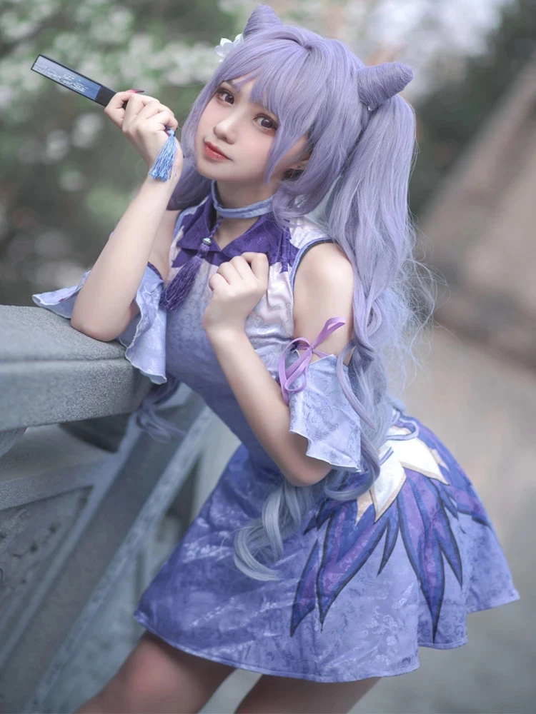 

Chinese Cheongsam Hot Game Genshin Impact Cosplay Costumes Keqing Purple Dress Anime Project Lolita Girl Clothes Princess Qipao