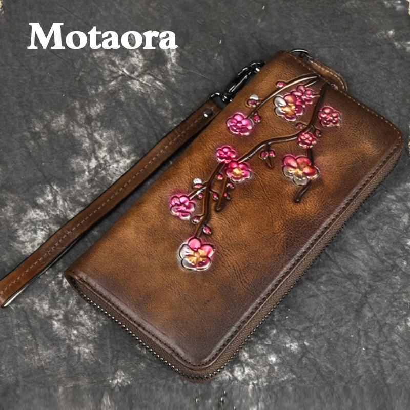 MOTAORA  Women's Wallets Retro Floral Embossed Genuine Leather Woman Wallet Ladies Clutch Bags Female Phone Purse Coin Cash Bag