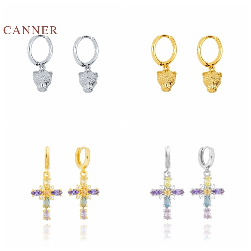

CANNER Earrings For Women 925 Sterling Silver Pendientes Ins Leopard Head Diamond Cross Huggie Earrings Hoop Fine Jewelry Joyero