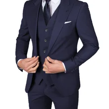 Custom Made Navy Blue Slim Fit Mens Wedding Suit Prom Dress 3 Pieces Set (Jacket+Pant+Vest) Groom Tu