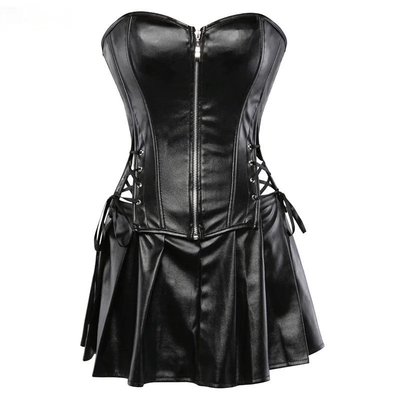 

Women burlesque zip steampunk corset sexy leather corsets skirt overbust plus size corset lingerie faux leather dress 6xl