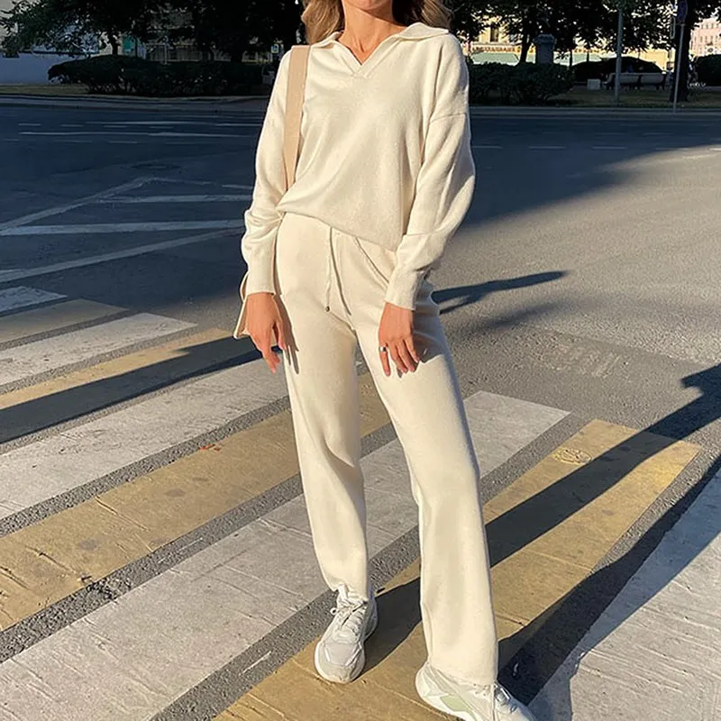 

2 Pieces Set Women Oversize Tracksuit Collar Sweater Pullover Straight Pants Sweater Set Chic Knitted Outwear Sweater Suit